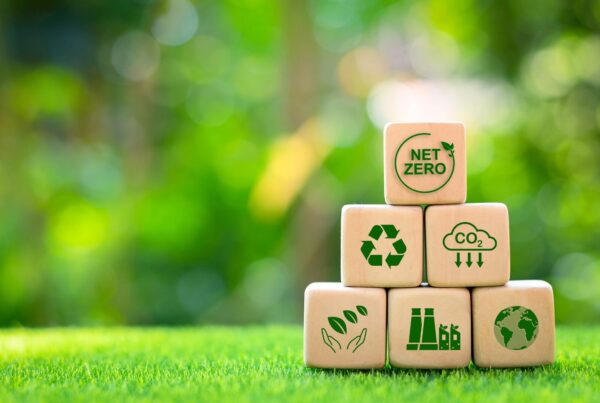 Climate change, wooden blocks with images of recycling, CO2 rain cloud, the earth and a net zero symbol.